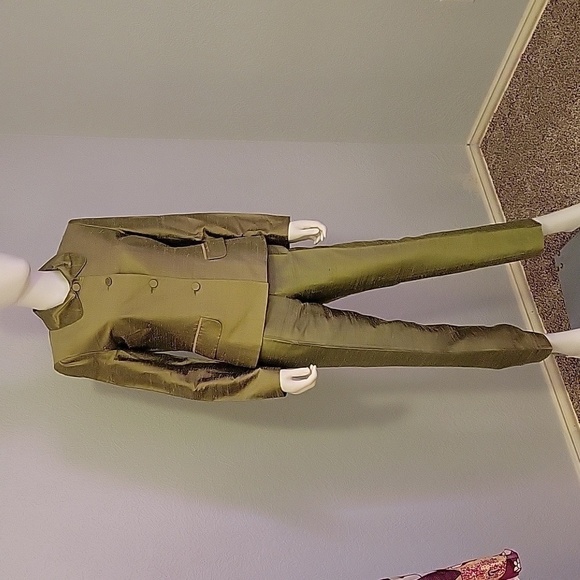 VTG 1960s PAULE VASSEUR Silk Taffeta Metallic Olive Green Mod Pant Suit - Picture 3 of 9